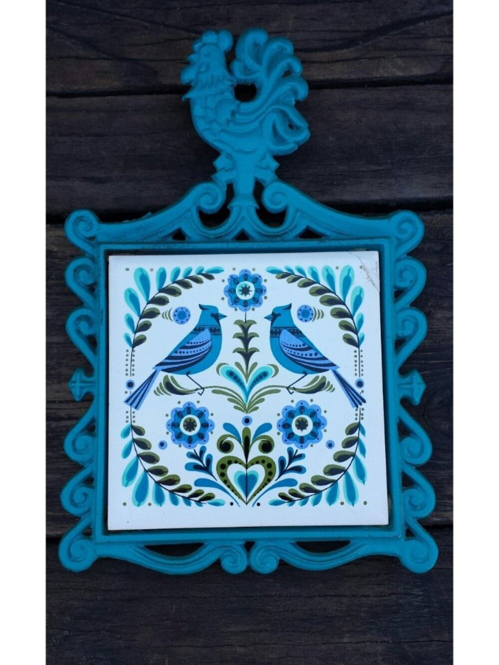 VTG Cast Iron Trivet Blue Birds Ceramic Tile Flowers Floral 1970s